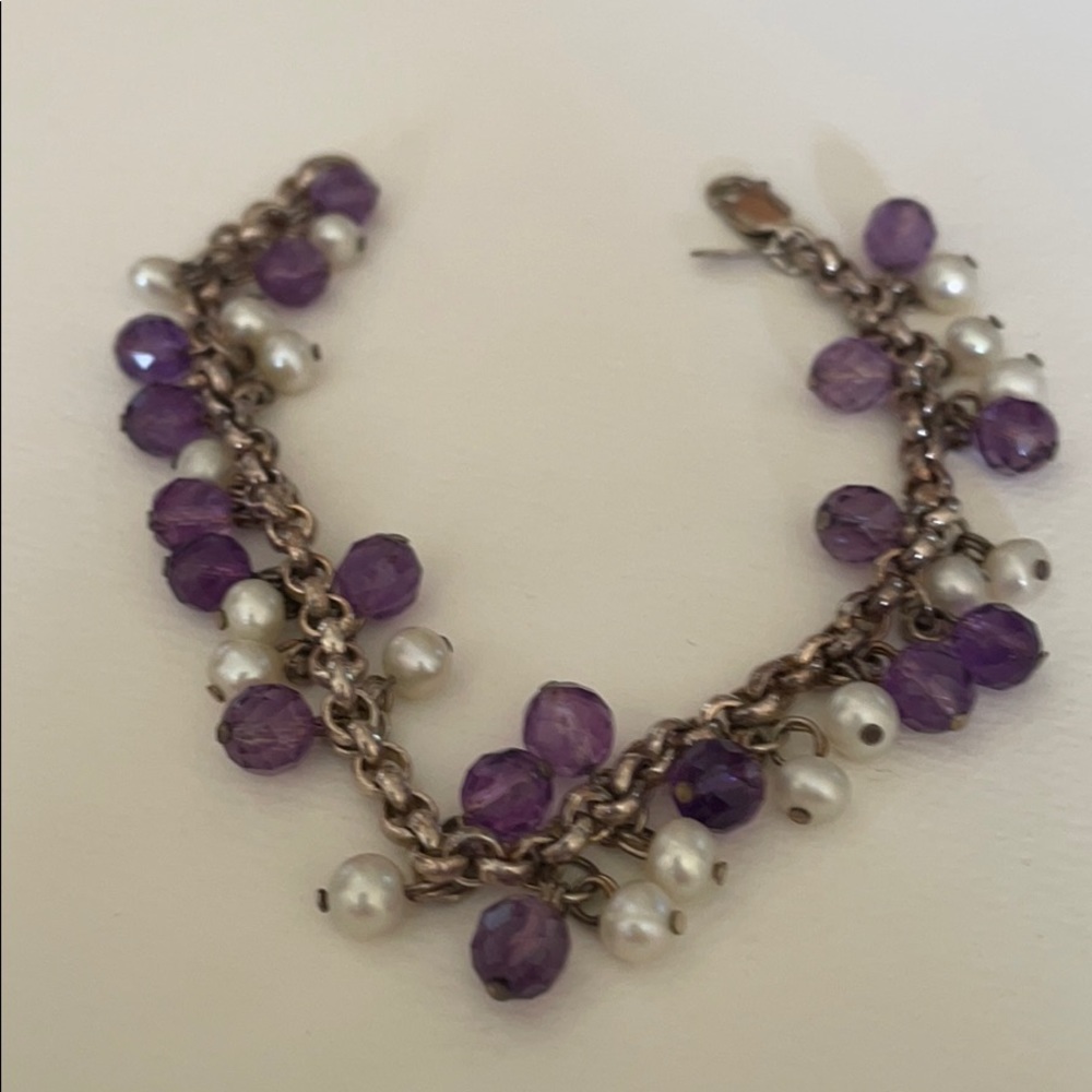 Sterling silver Pearl and purple stone bracelet “marked”